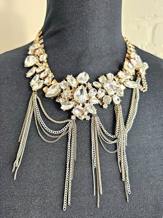 Banana Republic Jewelry - Banana Republic Crystal Cluster Chain Fringe Bib Choker Gold Tone Statement Neck